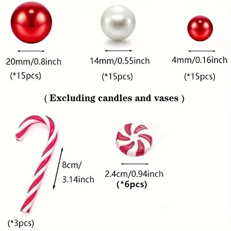 1 Pack of 54Pcs Red Crutches Christmas Vase Filler Beads with White Floating Pearls for Weddings, Birthday Parties, and Holiday Decorations