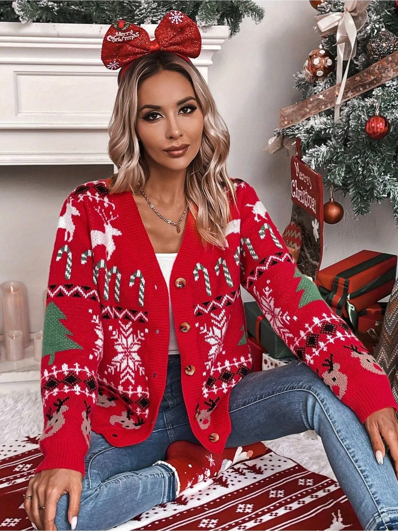 1pc Festive Christmas Knit Cardigan for Women - Casual Style V-Neck Open Front Cardigan with Festive Holiday Patterns, Thick Acrylic Yarn, Loose Fit - Red with Color Block Details