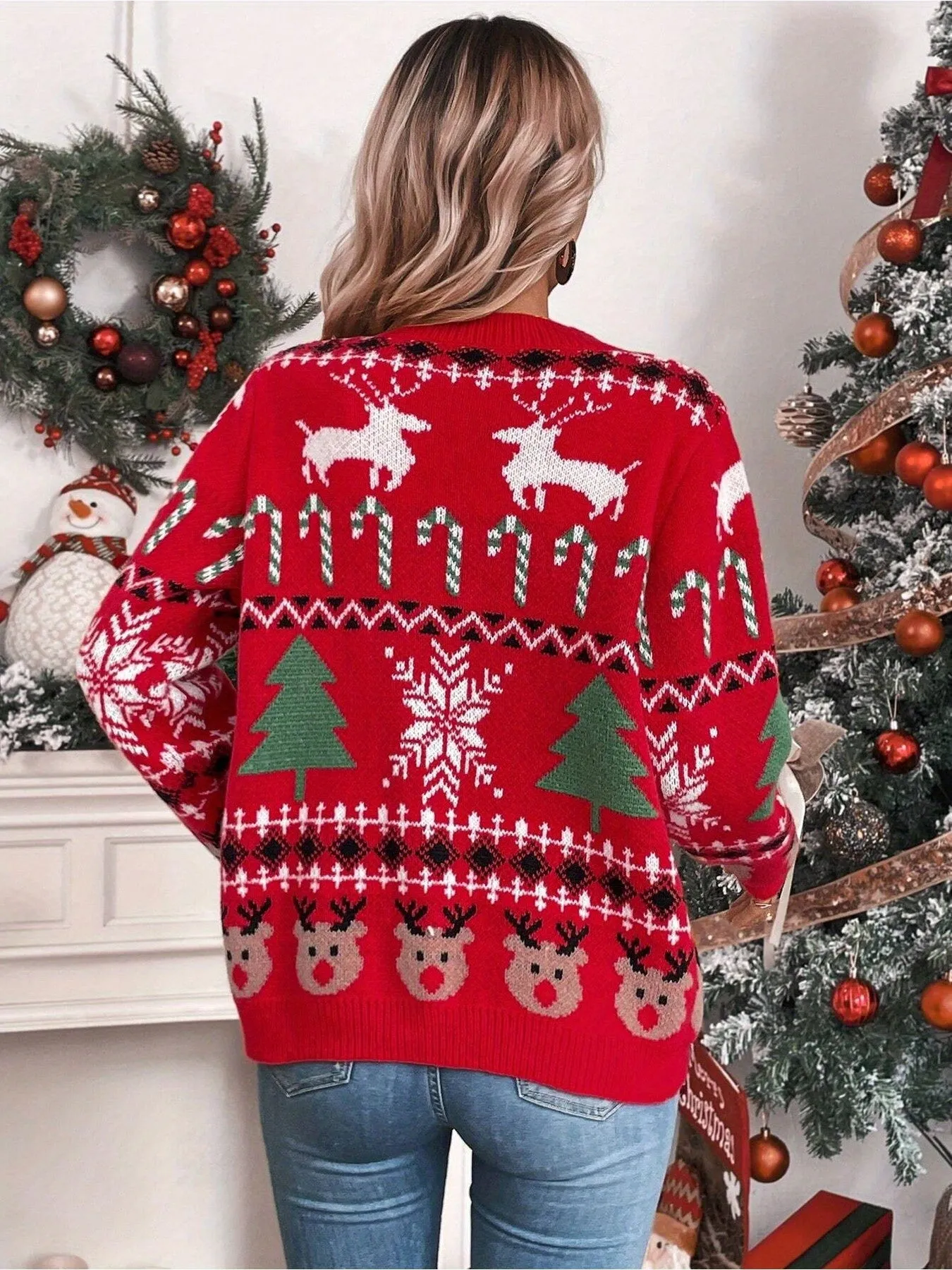 1pc Festive Christmas Knit Cardigan for Women - Casual Style V-Neck Open Front Cardigan with Festive Holiday Patterns, Thick Acrylic Yarn, Loose Fit - Red with Color Block Details