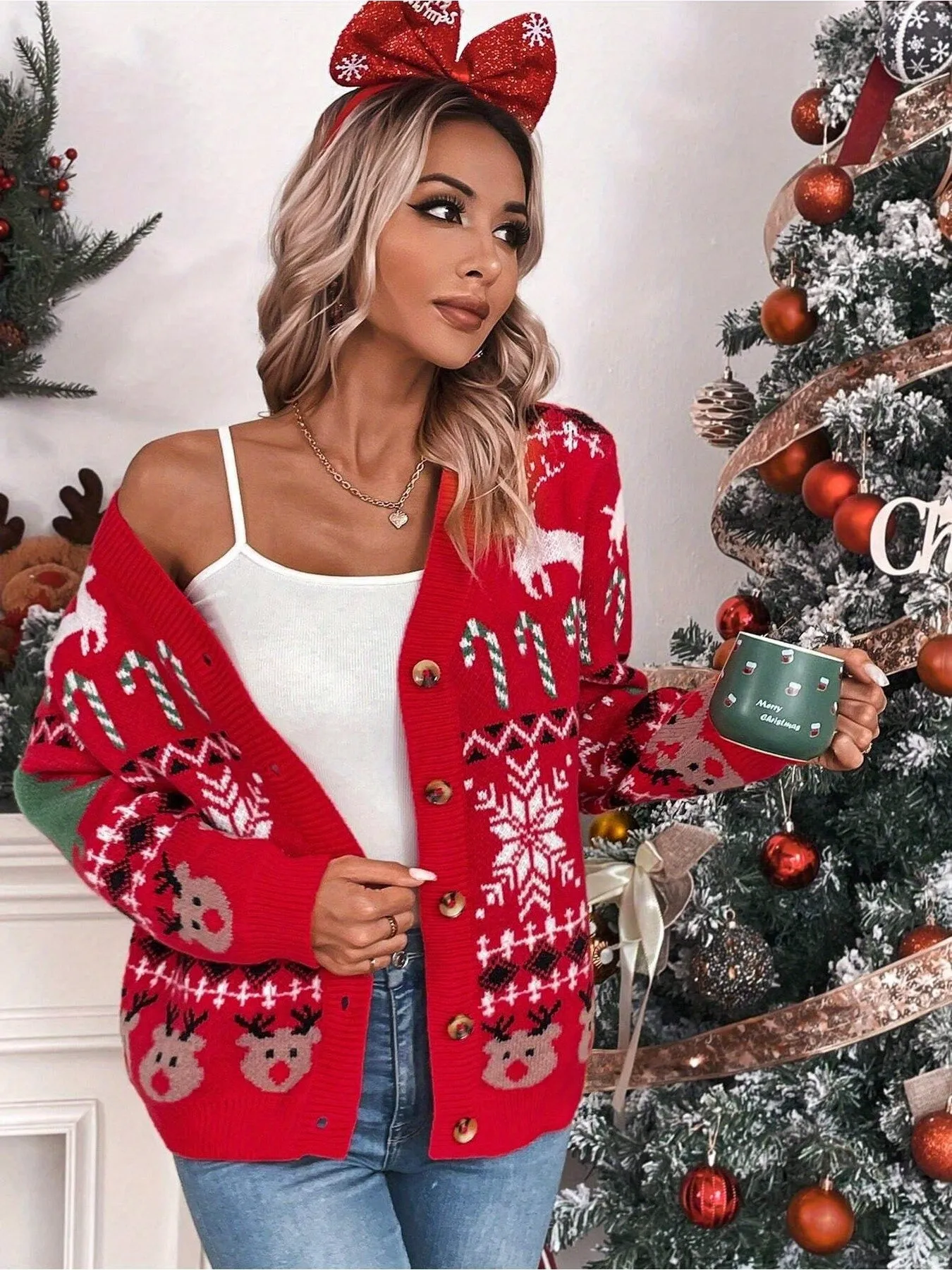 1pc Festive Christmas Knit Cardigan for Women - Casual Style V-Neck Open Front Cardigan with Festive Holiday Patterns, Thick Acrylic Yarn, Loose Fit - Red with Color Block Details