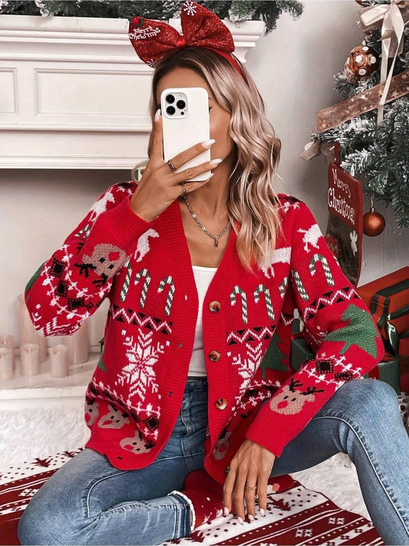 1pc Festive Christmas Knit Cardigan for Women - Casual Style V-Neck Open Front Cardigan with Festive Holiday Patterns, Thick Acrylic Yarn, Loose Fit - Red with Color Block Details