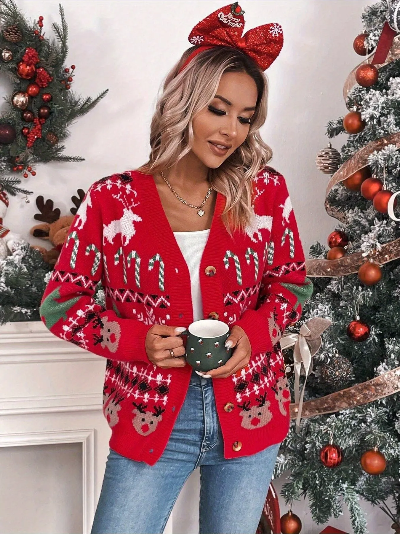 1pc Festive Christmas Knit Cardigan for Women - Casual Style V-Neck Open Front Cardigan with Festive Holiday Patterns, Thick Acrylic Yarn, Loose Fit - Red with Color Block Details