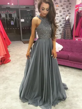 2018 Grey Rhinestone Beading Halter Chiffon Long Evening Prom Dresses, 17345