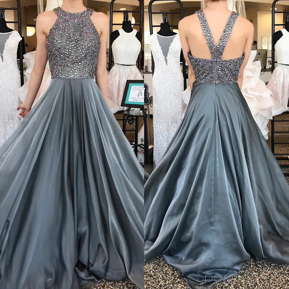 2018 Grey Rhinestone Beading Halter Chiffon Long Evening Prom Dresses, 17345