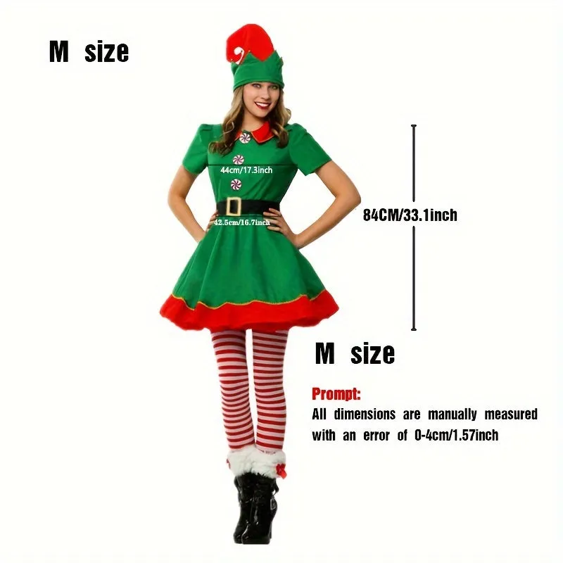 4-Piece Women's Christmas Elf Costume Set - Polyester Party Dress with Hat, Socks, and Belt - Festive Holiday Outfit - Hand Wash Only