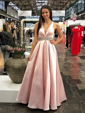 A-line Floor-length V-neck Open-back Beading Pink Prom Dresses, PD0767