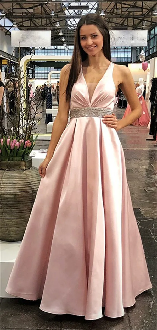 A-line Floor-length V-neck Open-back Beading Pink Prom Dresses, PD0767