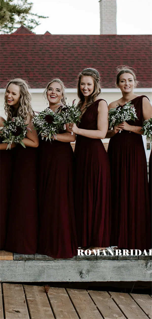 A-line Floor-length V-neck Sleeveless Dark Red Bridesmaid Dresses, BD0620