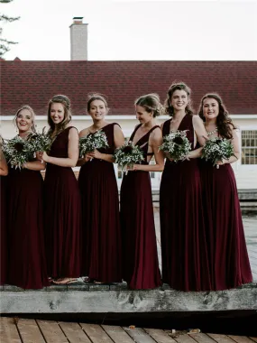 A-line Floor-length V-neck Sleeveless Dark Red Bridesmaid Dresses, BD0620