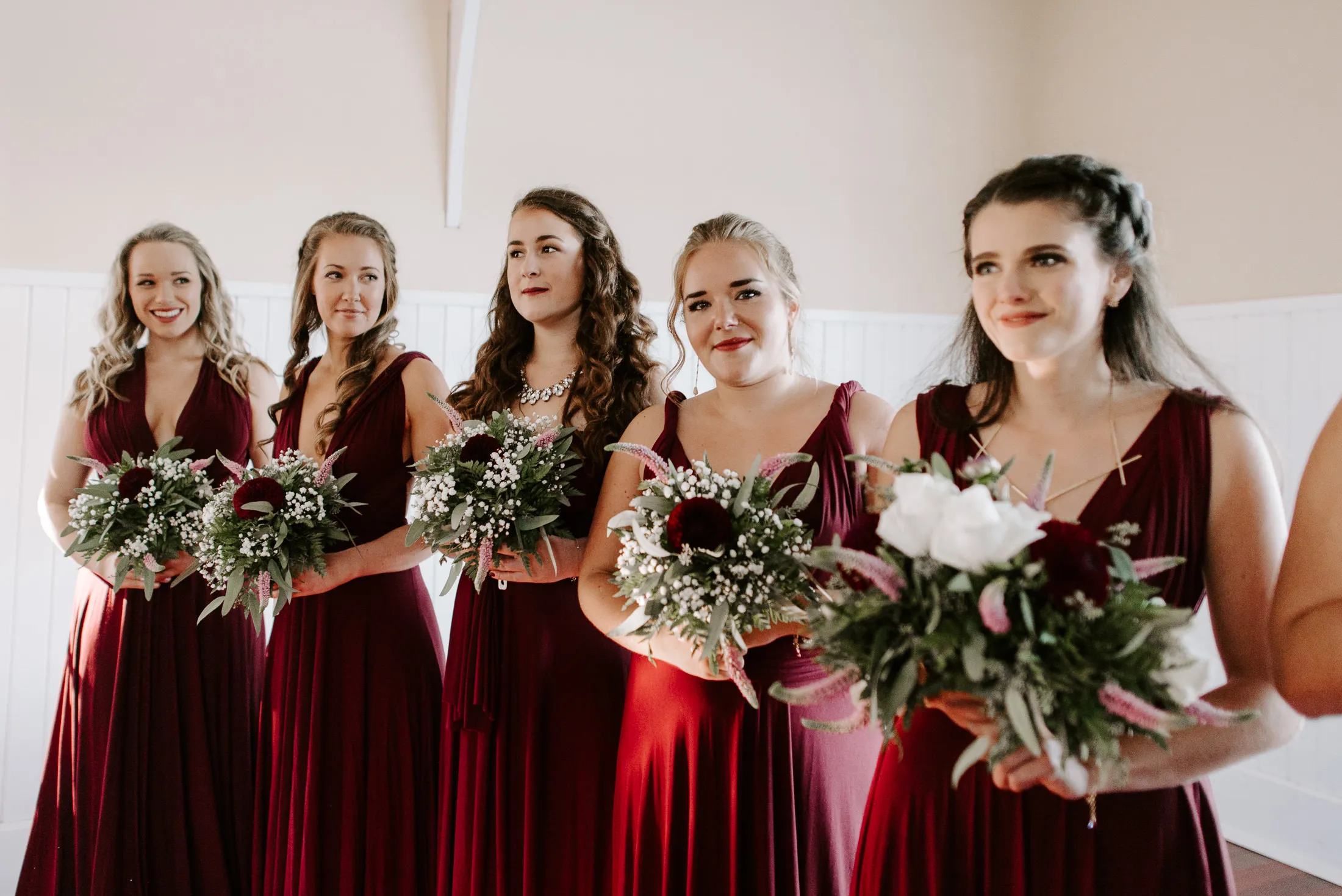 A-line Floor-length V-neck Sleeveless Dark Red Bridesmaid Dresses, BD0620