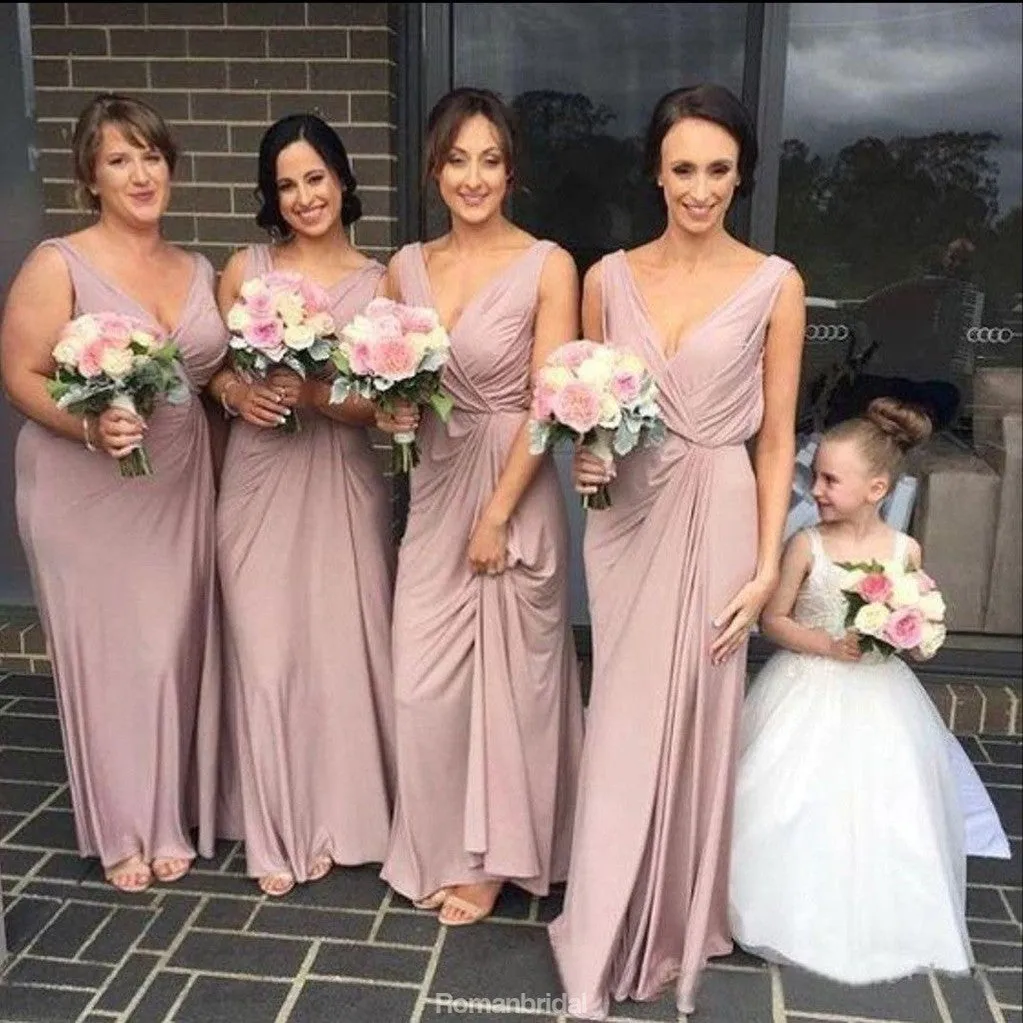 A-line Floor-lengthSimple Modest V-neck Cheap Dusty Pink Bridesmaid Dress, BD0478