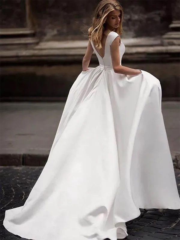 A-line Ivory Satin Long Wedding Dress with Pockets, WD0451