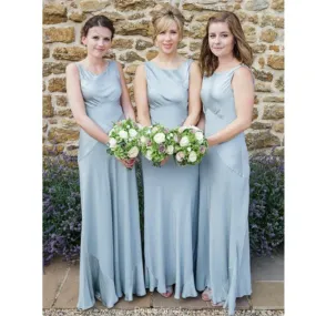 A-Line Round Neck Sleeveless Light Blue Satin Simple Cheap Bridesmaid Dress, BD0507