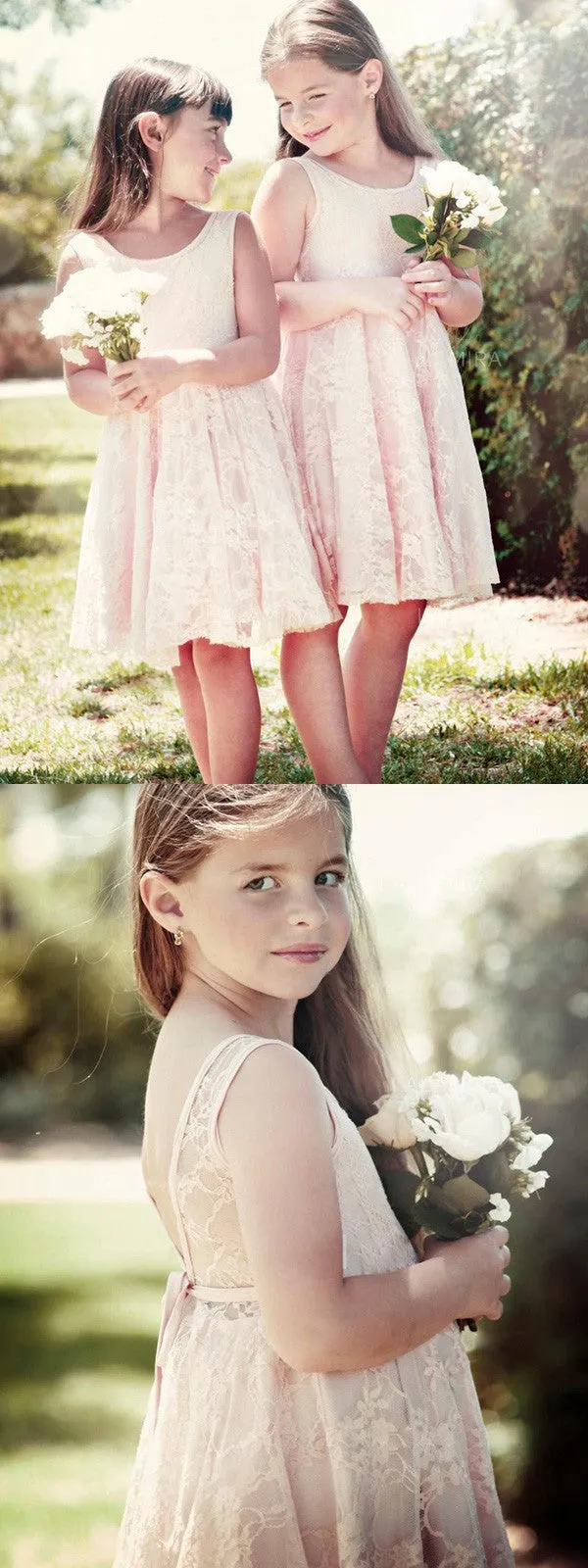 A-line Scoop Neck Sleeveless Full Lace V-back Flower Girl Dresses, FG0133