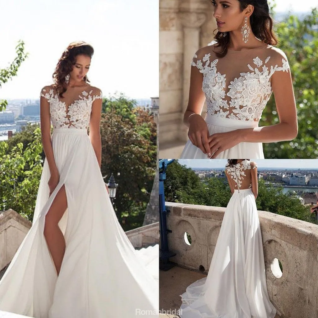 A-Line Sexy Modern Simple Chiffon Cap Sleeves High Slits Long Wedding Dress, WD0378