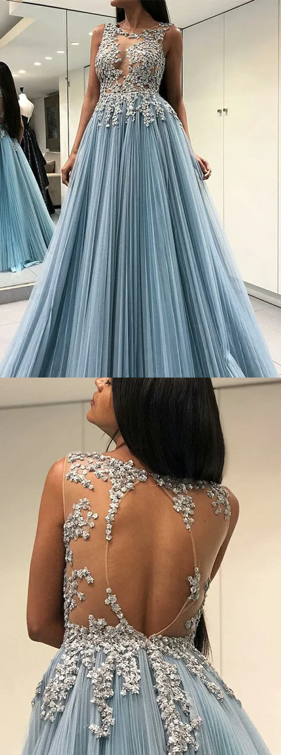 A-Line Sleeveless Appliques Open-back Prom Dresses With Pleats, PD0668