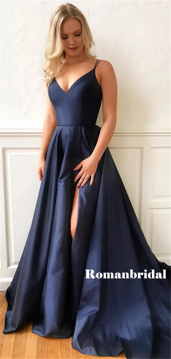 A-line Spaghetti Straps V-neck Long Navy Blue Prom Dresses With Split, PD0809