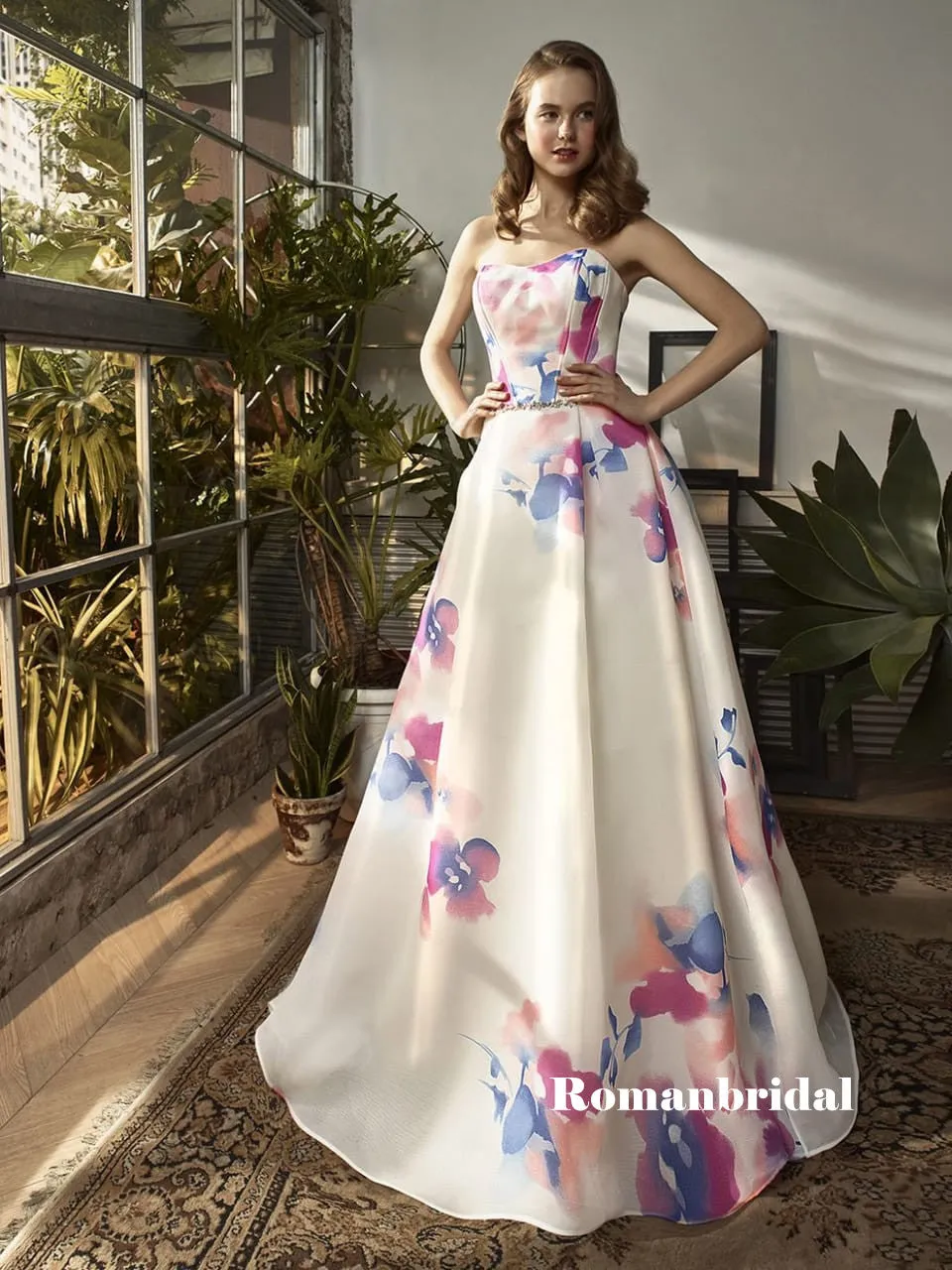 A-line Strapless Printed Chiffon Long Prom Dresses With Belt, PD0789