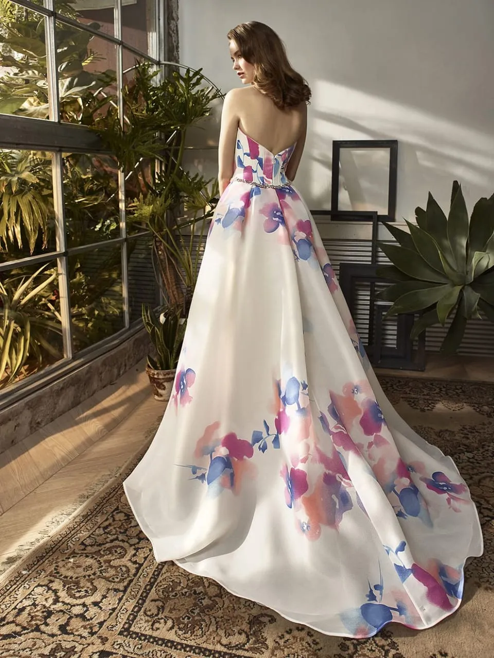 A-line Strapless Printed Chiffon Long Prom Dresses With Belt, PD0789