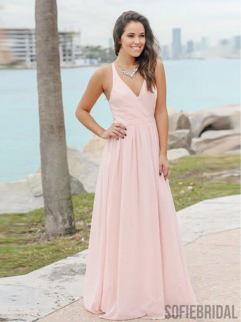 A-line V-neck Lace Back Long Cheap Bridesmaid Dresses, BD0575