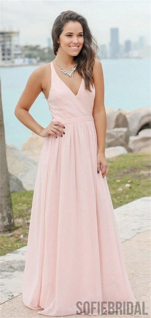 A-line V-neck Lace Back Long Cheap Bridesmaid Dresses, BD0575