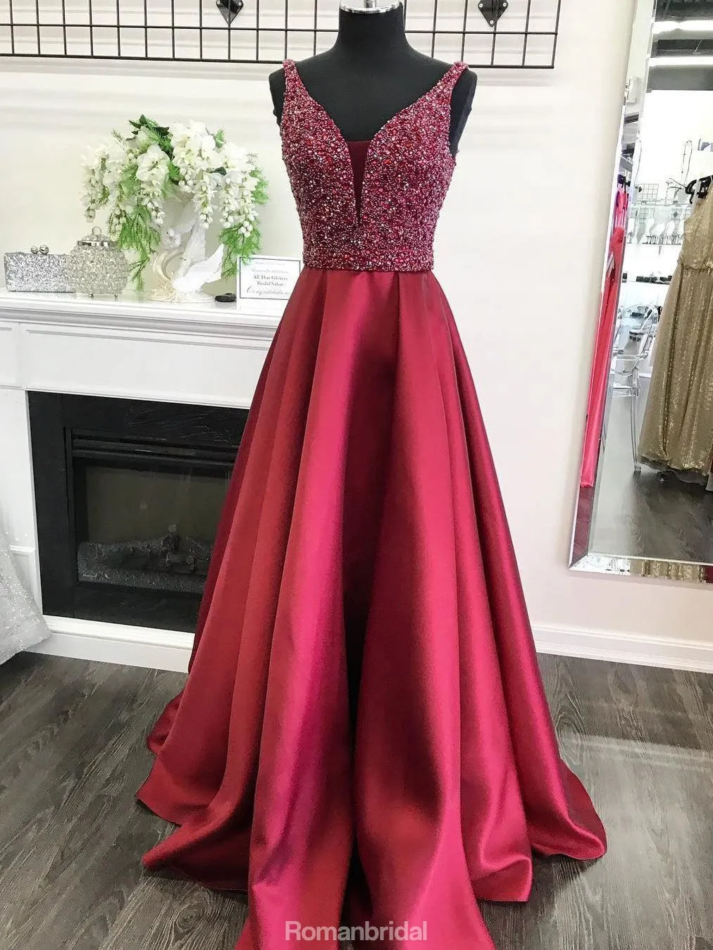 A-line V-neck Sleeveless Burgundy Beading Long Prom Dress, PD0629