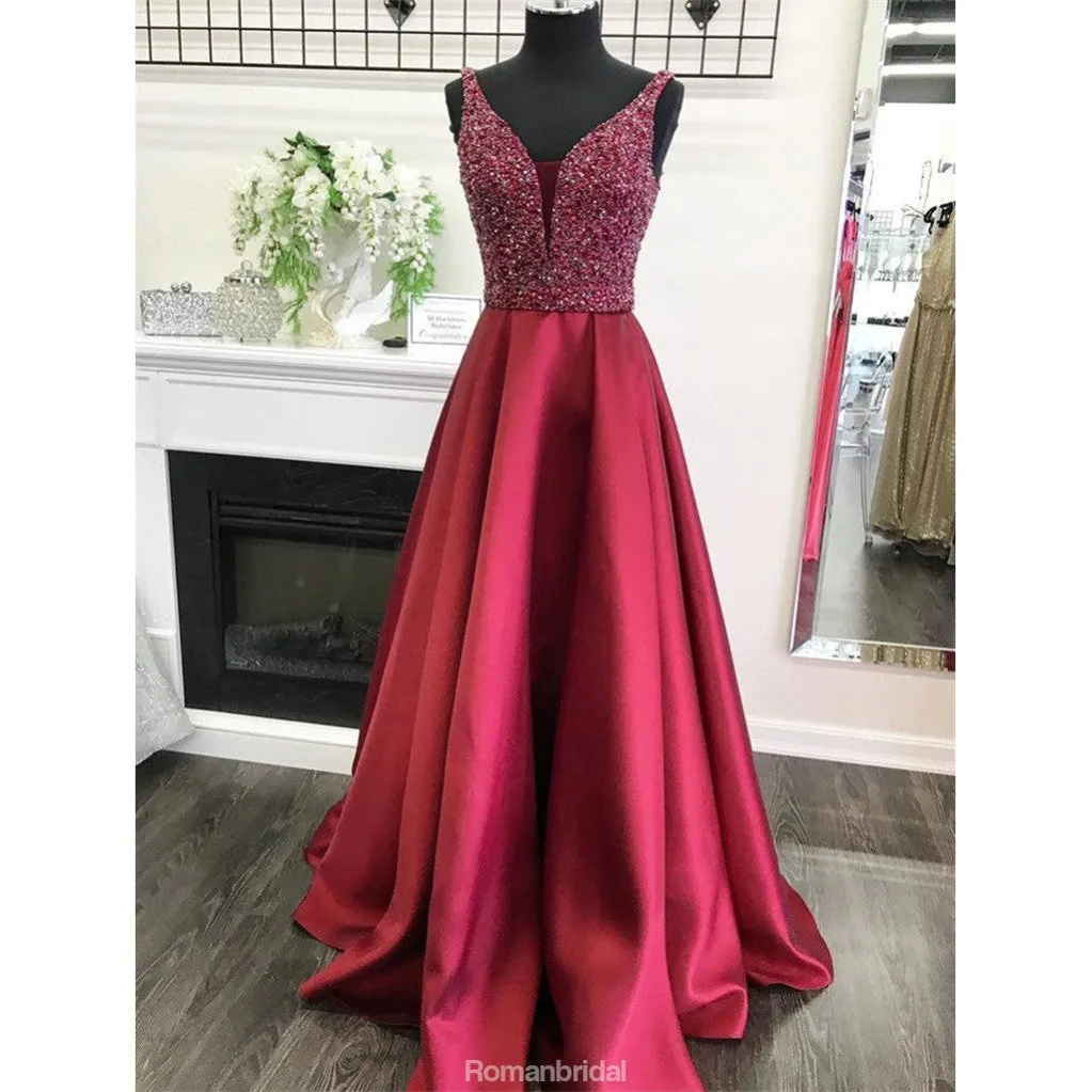 A-line V-neck Sleeveless Burgundy Beading Long Prom Dress, PD0629