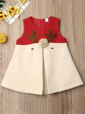 Adorable Elk Graphic Sleeveless Vest Dress for Little Girls - Special Occasion, Christmas Vacation, Casual Outfit, Kid Girl's Dresses, Sleeveless, Graphic Print, Vest Style, Cute, Festive, Holiday Wear