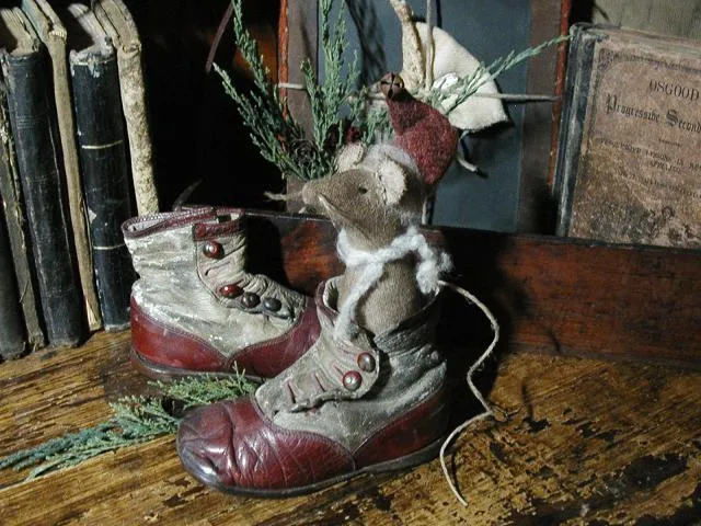 Antique Child's Baby Victorian Button Up Red Shoes with Mouse