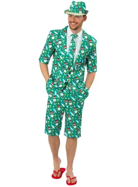 Australian Christmas Print Plus Size Mens Green Short Sleeve Stand Out Suit