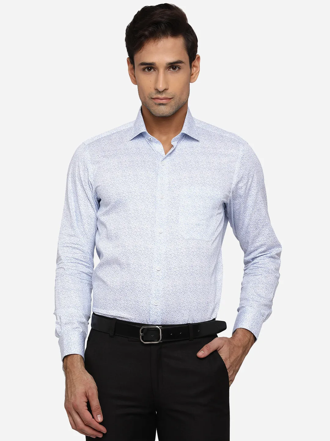 Blue & White Printed Slim Fit Formal Shirt | Greenfibre