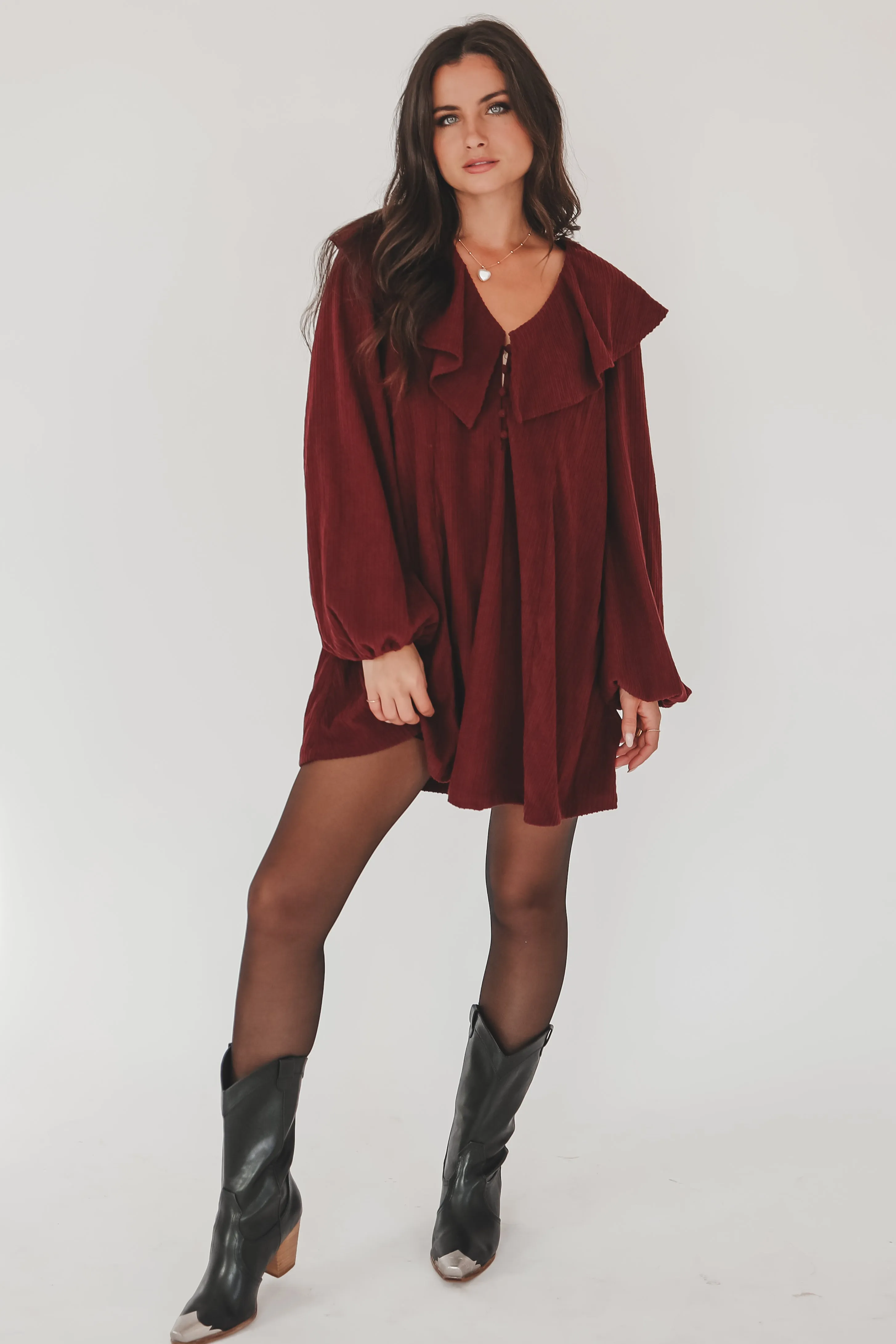 Bright Eyed And Jolly Burgundy Ruffle Dress