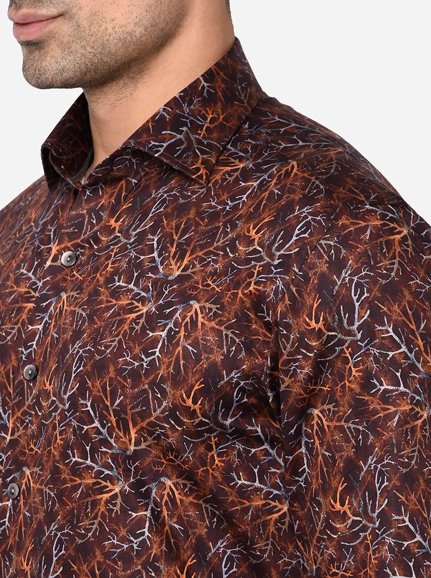 Brown & Orange Printed Slim Fit Party Wear Shirt | Wyre