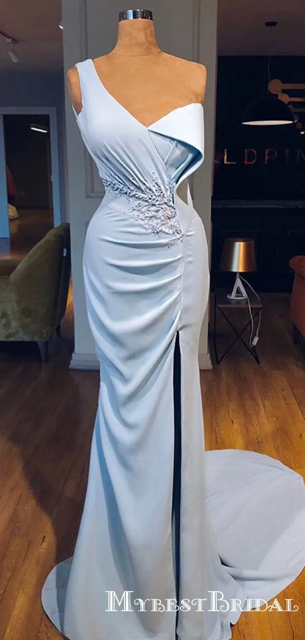 Charming Cute One Shoulder Sleeveless Long Mermaid Side Slit Appliqued Prom Dresses, TYP0087