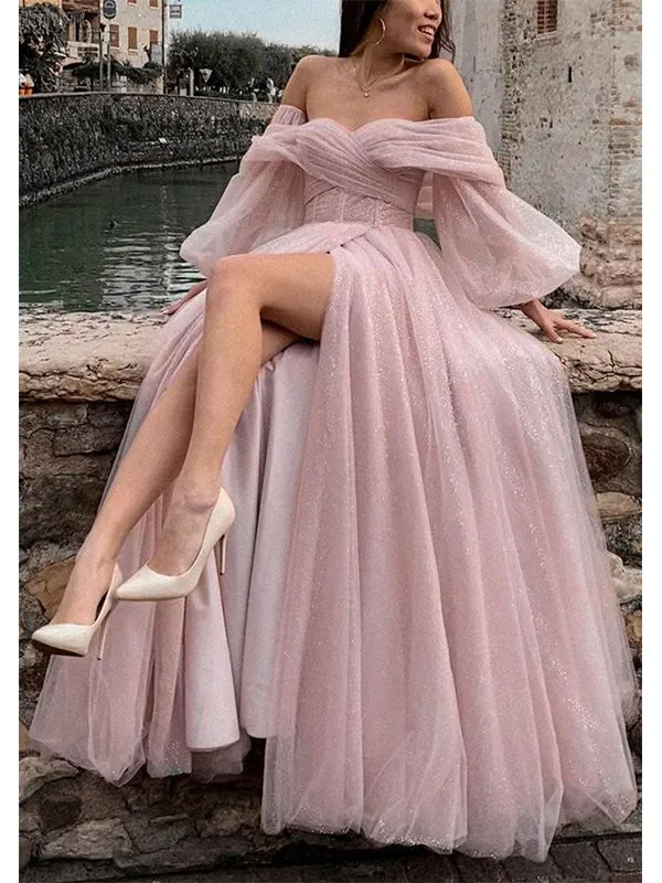 Charming Off the Shoulder Long Sleeves Tulle Long Prom Dresses Formal Dress with Side Slit, OL725