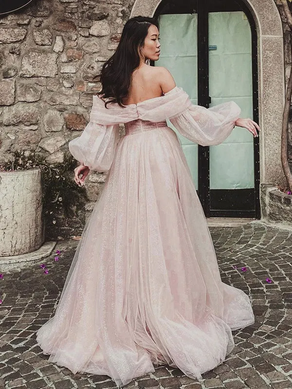 Charming Off the Shoulder Long Sleeves Tulle Long Prom Dresses Formal Dress with Side Slit, OL725