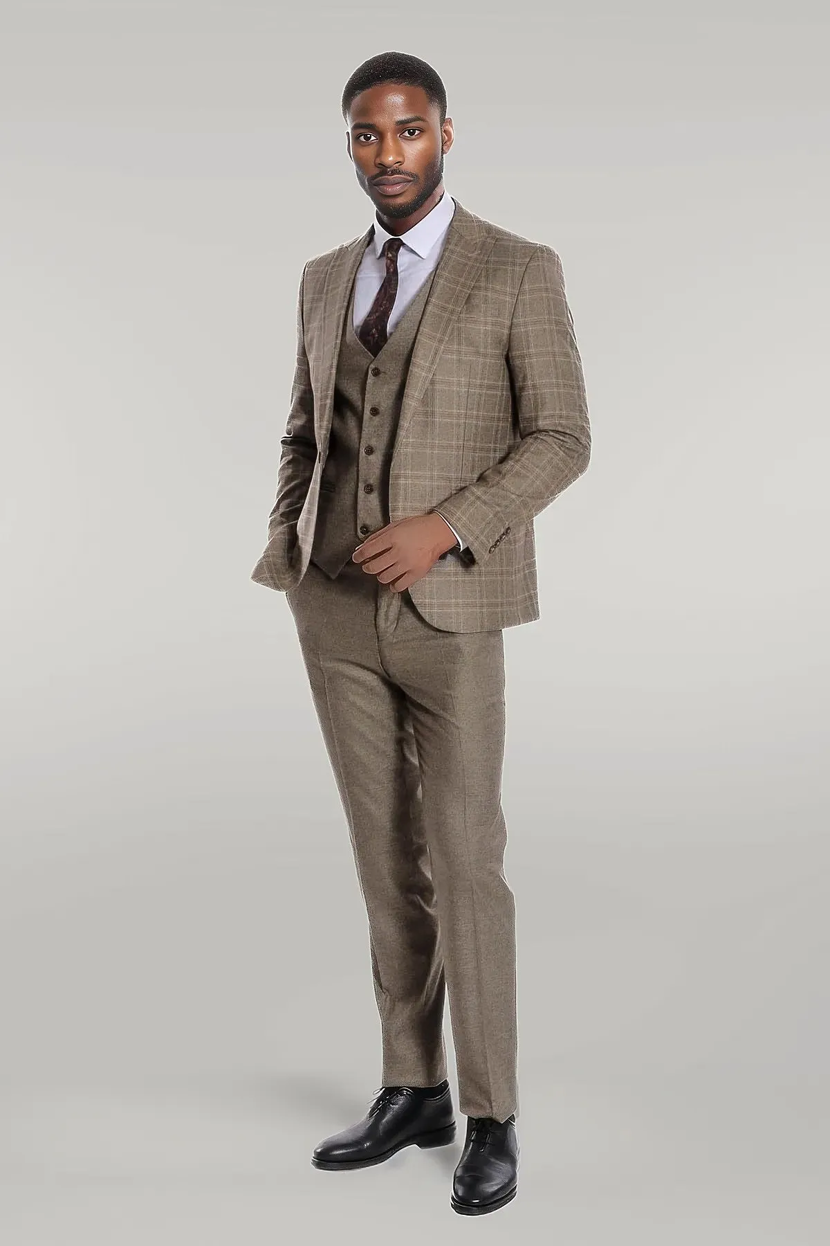 Checked Slim Fit Brown Men Suit - Wessi