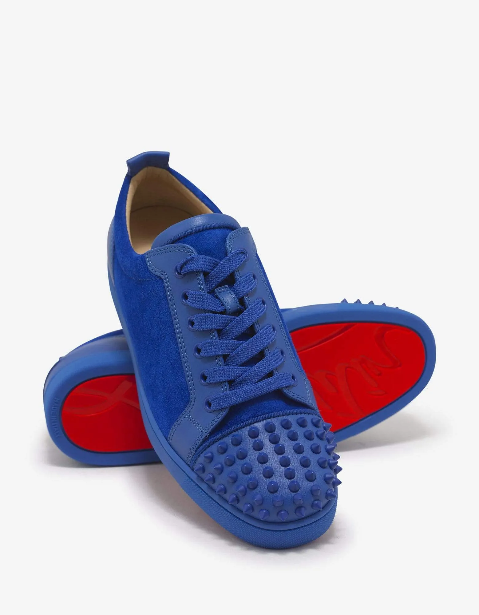 Christian Louboutin Louis Junior Spikes Flat Blue Calf & Suede Trainers -