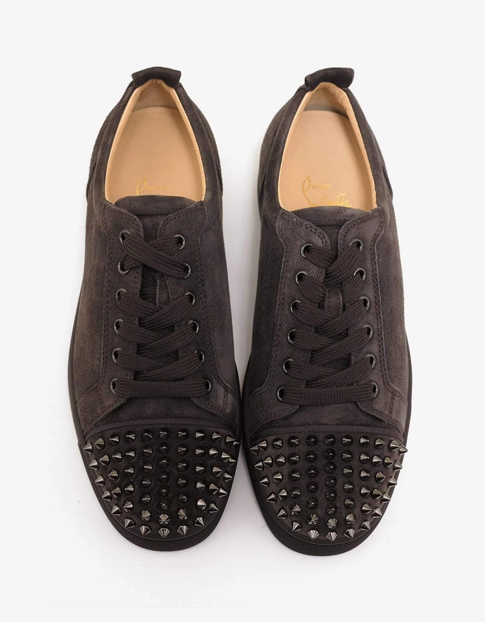 Christian Louboutin Louis Junior Spikes Flat Réglisse Brown Suede Trainers