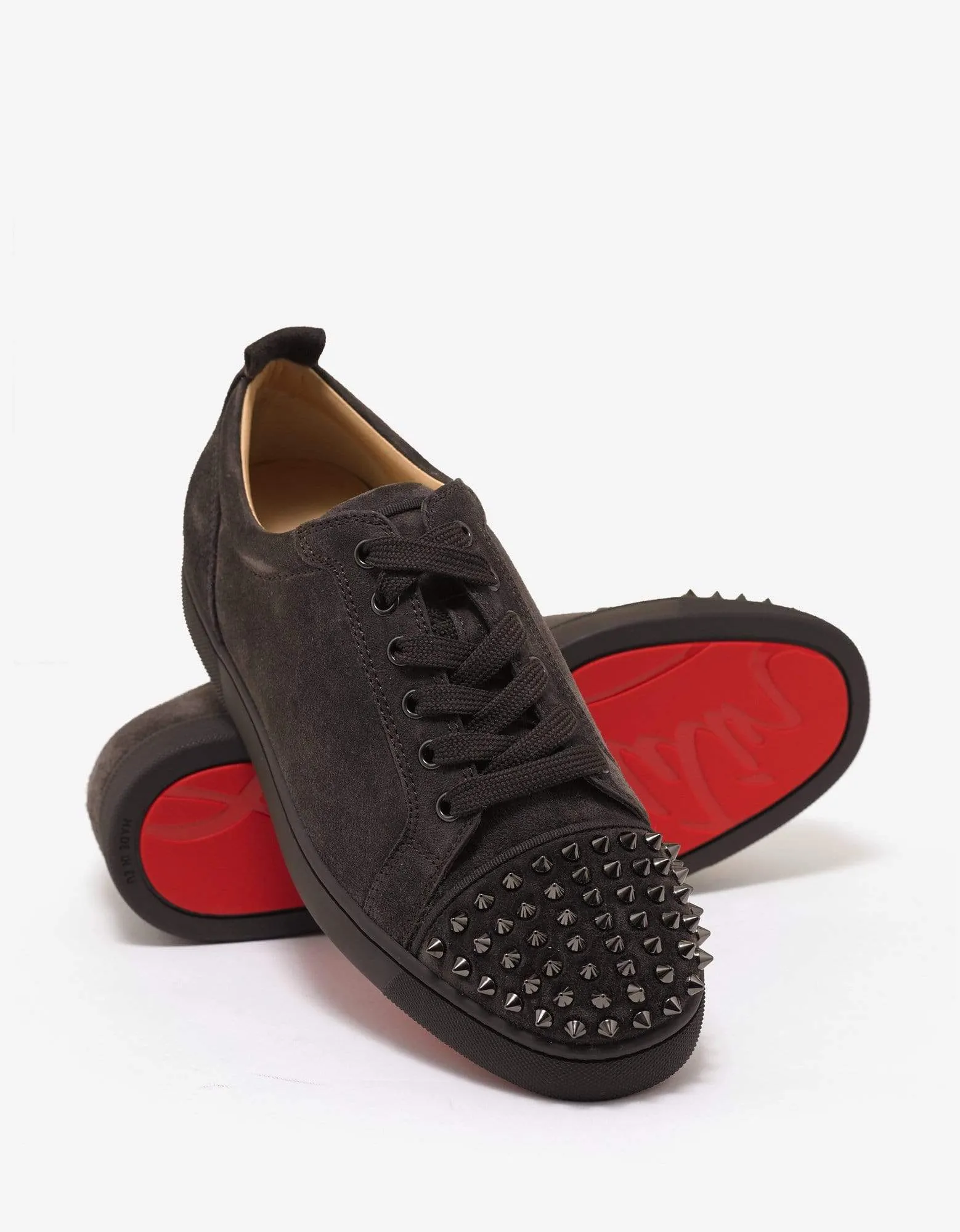 Christian Louboutin Louis Junior Spikes Flat Réglisse Brown Suede Trainers