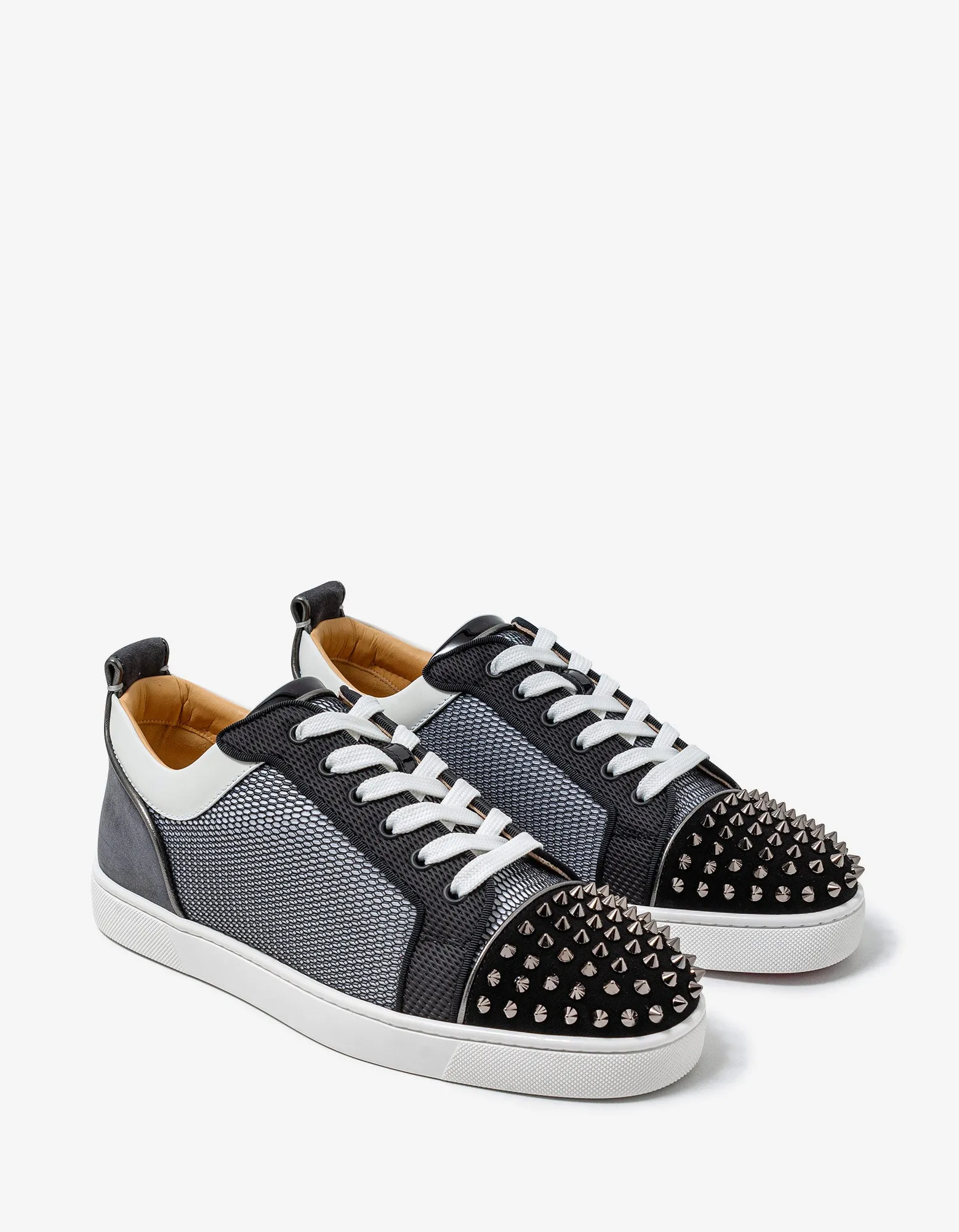 Christian Louboutin Louis Junior Spikes Orlato Flat Black & White Mesh Trainers