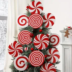 Christmas Tree Topper and Ornaments Set - 8 Large Candy Cane Swirls, Plastic Red and White Peppermint Sticks, Festive Holiday Decor for Home, Office, Party Centerpieces, No Electricity or Feathers Required