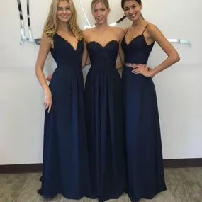 Convertible New Design Elegant Lace Chiffon Navy Blue A Line Floor-Length Inexpensive Bridesmaid Dresses, WG70