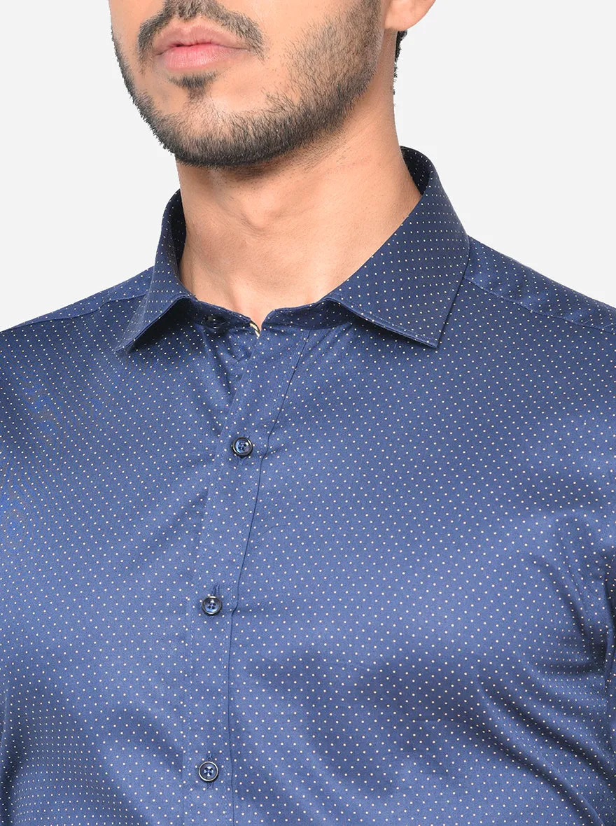 Deep Blue Printed Slim Fit Party Wear Shirt | Greenfibre