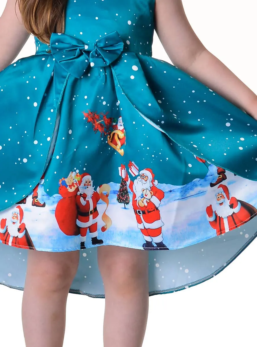 Deluxe Girls Teal Santa Print Christmas Dress