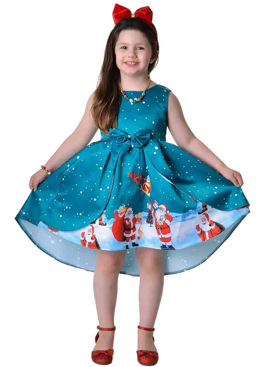 Deluxe Girls Teal Santa Print Christmas Dress