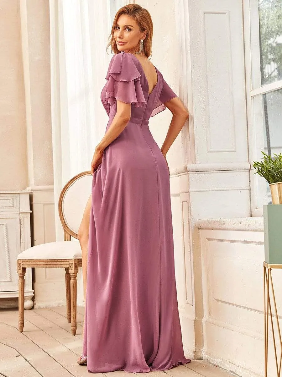 Easy Flow Ruffled Sleeve A-line Front Slit Mother Dress