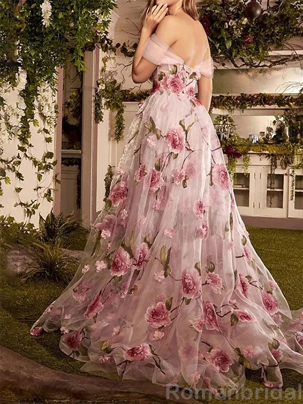 Elegant Off the Shoulder Flower Applique A-line Evening Prom Dress with Side Slit, OL068