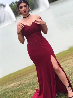 Elegant Off the Shoulder Mermaid Burgundy Jersey Long Evening Prom Dress with Side Slit, OL026