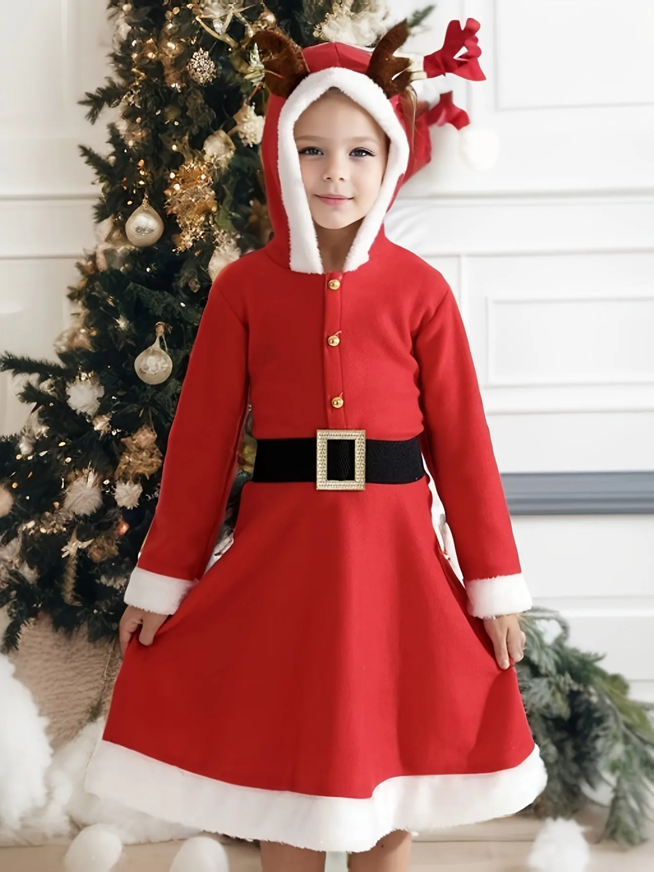 Holiday Festive Hooded Christmas Dress Costume for Adults with Reindeer Antlers - Long Sleeve, Pleated, Polyester, Belted Party Dress with Solid Color and Slight Stretch - Fall/Winter Season Apparel